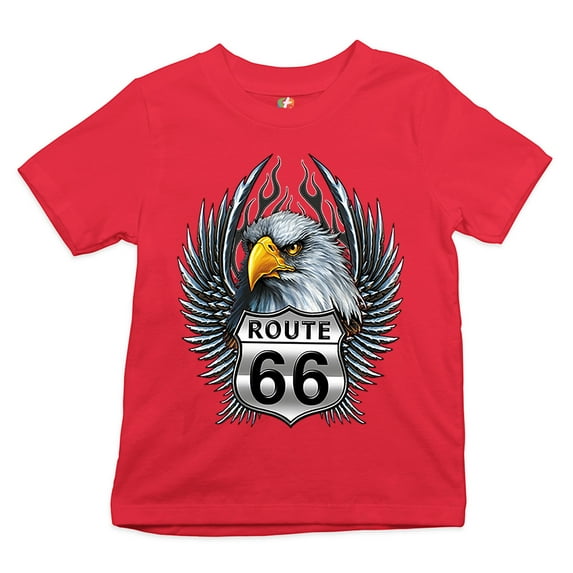 Tee Hunt Bald Eagle Route 66 Road Sign Youth T-Shirt Live to Ride Born to Be Wild Kids, Red, Medium