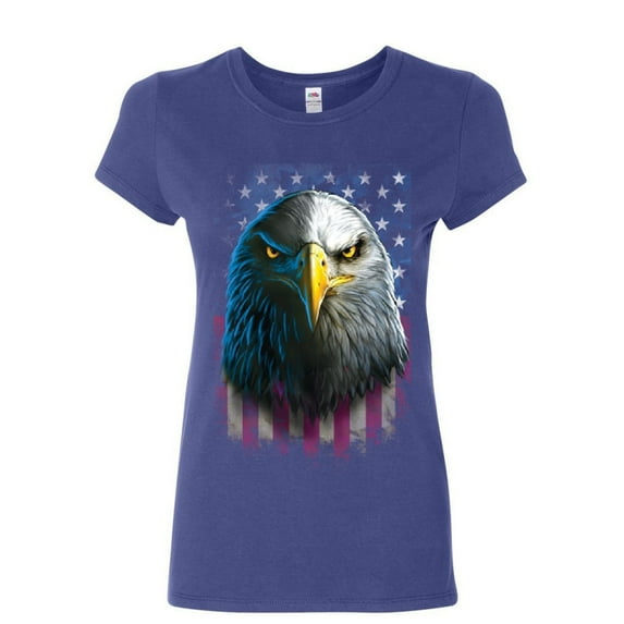 Tee Hunt Bald Eagle Stare Women's T-Shirt 4th of July USA Stars and Stripes Flag Shirt, Blue, Large