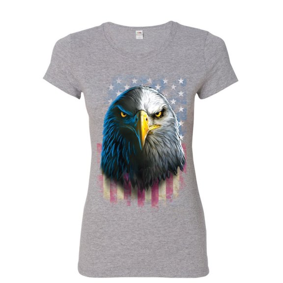 Tee Hunt Bald Eagle Stare Women's T-Shirt 4th of July USA Stars and Stripes Flag Shirt, Gray, XX-Large