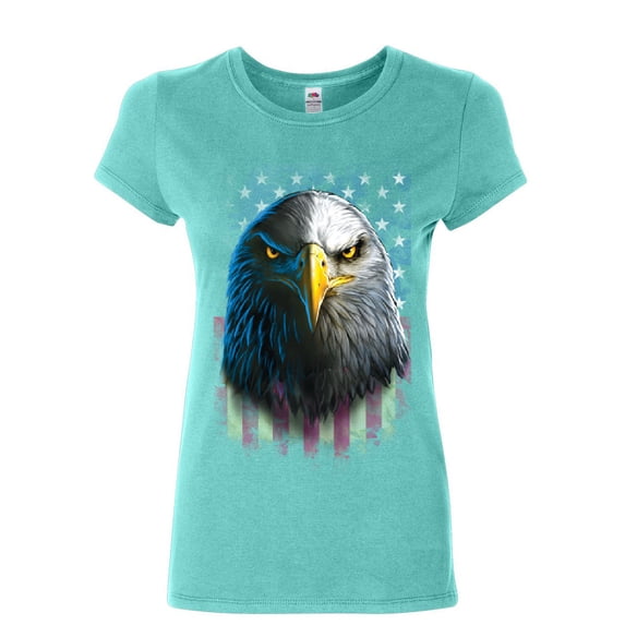 Tee Hunt Bald Eagle Stare Women's T-Shirt 4th of July USA Stars and Stripes Flag Shirt, Light Blue, Medium