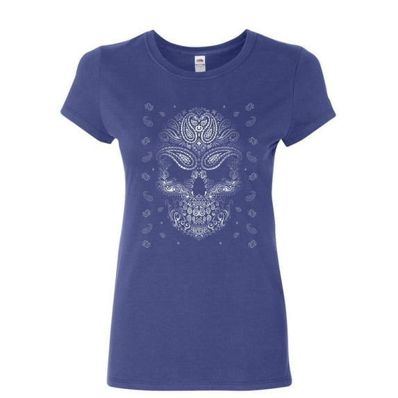 Tee Hunt Bandana Skull Face Women's T-Shirt Gangsta Badass Swag Urban Skeleton Shirt, Blue, Small