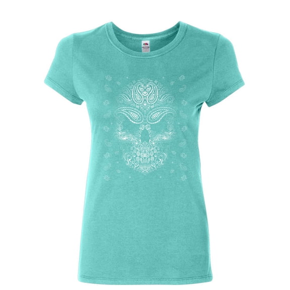 Tee Hunt Bandana Skull Face Women's T-Shirt Gangsta Badass Swag Urban Skeleton Shirt, Light Blue, Small