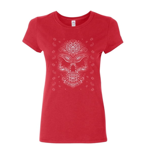 Tee Hunt Bandana Skull Face Women's T-Shirt Gangsta Badass Swag Urban Skeleton Shirt, Red, X-Large