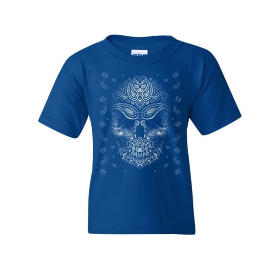 Tee Hunt Bandana Skull Face Youth T-Shirt Gangsta Badass Swag Urban Skeleton Kids Tee, Blue, Large