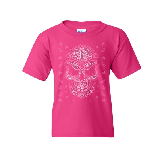 Tee Hunt Bandana Skull Face Youth T-Shirt Gangsta Badass Swag Urban Skeleton Kids Tee, Pink, Small