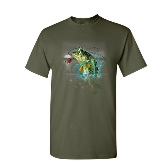 Tee Hunt Bass Fishing T-Shirt Fisherman Camping Hobby Angler Lake River Mens Shirt, Military Green, X-Large