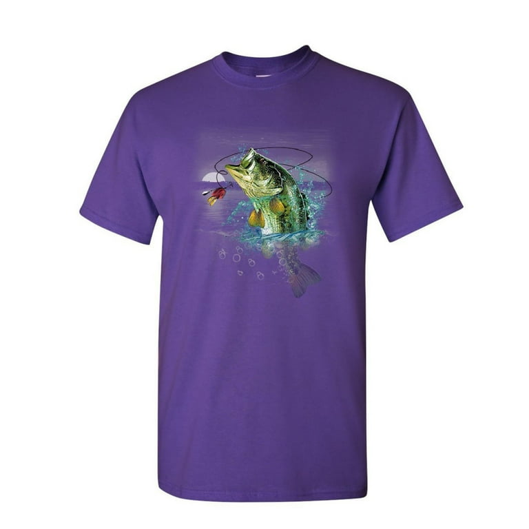 Tee Hunt Bass Fishing T-Shirt Fisherman Camping Hobby Angler Lake River  Mens Shirt, Purple, Small