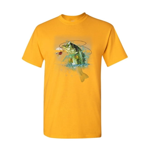 Tee Hunt Bass Fishing T-Shirt Fisherman Camping Hobby Angler Lake River Mens Shirt, Yellow, X-Large
