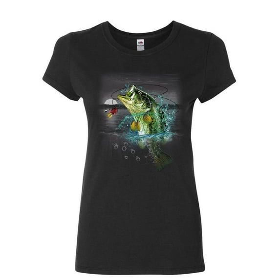 Tee Hunt Bass Fishing Women's T-Shirt Fisherman Camping Hobby Angler Lake River Shirt, Black, X-Large