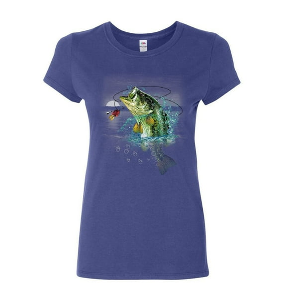 Tee Hunt Bass Fishing Women's T-Shirt Fisherman Camping Hobby Angler Lake River Shirt, Blue, XX-Large