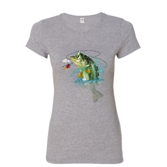 Tee Hunt Bass Fishing Women's T-Shirt Fisherman Camping Hobby Angler Lake River Shirt, Gray, Large