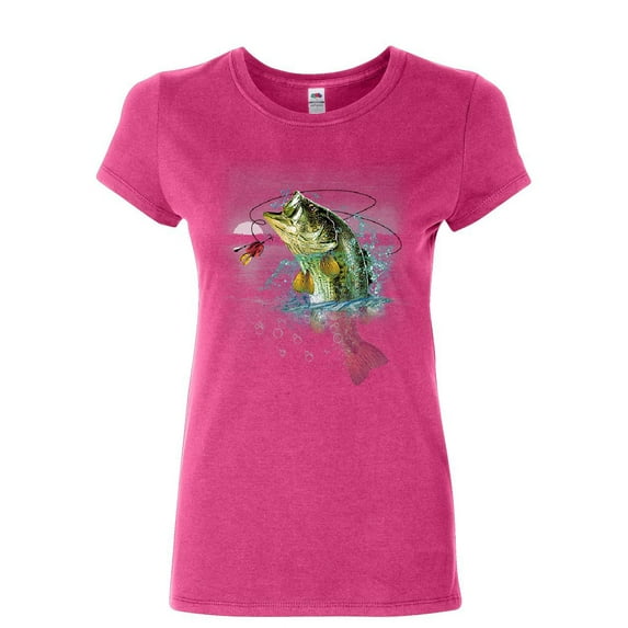 Tee Hunt Bass Fishing Women's T-Shirt Fisherman Camping Hobby Angler Lake River Shirt, Pink, Small