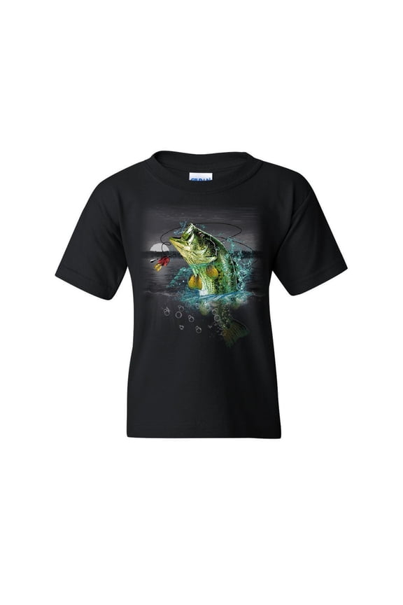 Bass Fishing Youth T-Shirt Fisherman Camping Hobby Angler Lake River Kids Tee, Black, Small