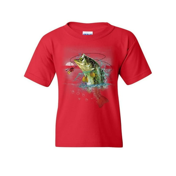 Tee Hunt Bass Fishing Youth T-Shirt Fisherman Camping Hobby Angler Lake River Kids Tee, Red, Small