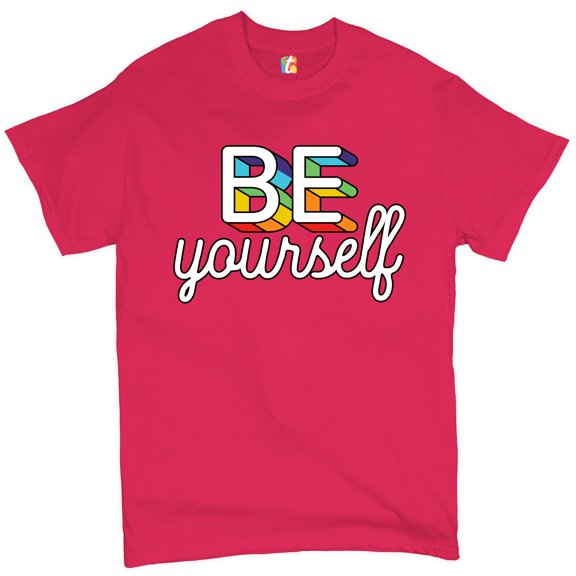 Tee Hunt Be Yourself T-Shirt LGBT Support Gay Pride Rainbow Good Vibes Ally Men's Tee, Hot Pink, Large