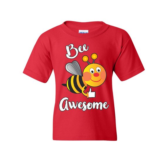 Tee Hunt Bee Awesome Youth T-Shirt Motivational Funny Cute Honey Bee Be Awesome Kids Tee, Red, Large