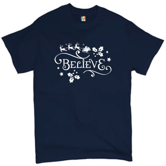 Tee Hunt Believe T-Shirt Merry Christmas Santa Sleigh Rudolph Mistletoe Men's Tee, Navy Blue, 4X-Large