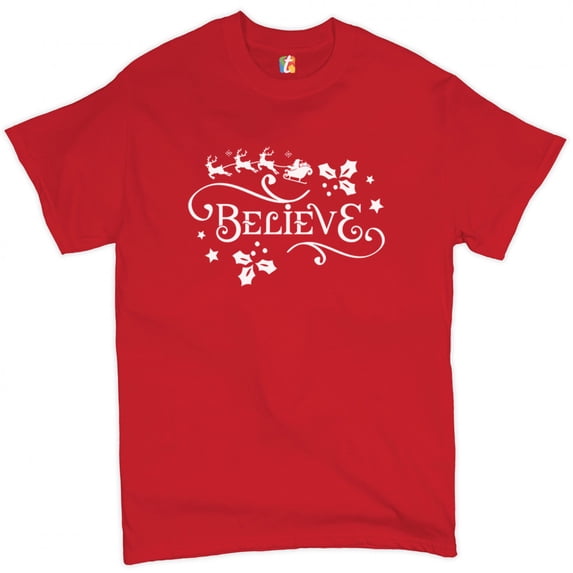 Tee Hunt Believe T-Shirt Merry Christmas Santa Sleigh Rudolph Mistletoe Men's Tee