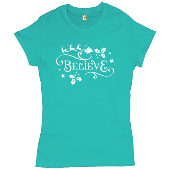 Tee Hunt Believe T-Shrit Merry Christmas Santa Sleigh Rudolph Mistletoe Women's T-Shirt Tee, Light Blue, X-Large