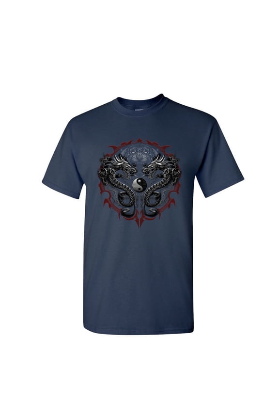 Bengal Rising Dragons T-Shirt Asian Art Wild Tiger Yin and Yang Mens Shirt, Navy Blue, Large