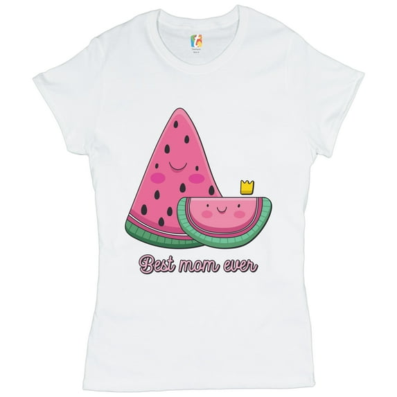 Tee Hunt Best Mom Ever T-Shirt Mother's Day Cute Watermelon Mama and a Kid Women's T-Shirt Tee, White, X-Large