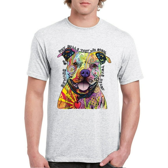 Tee Hunt Beware of Pit Bull T-Shirt Dean Russo Art Colorful Cute Dog Men's Tee, Ash Gray, Large
