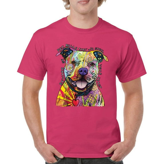 Tee Hunt Beware of Pit Bull T-Shirt Dean Russo Art Colorful Cute Dog Men's Tee, Hot Pink, Small