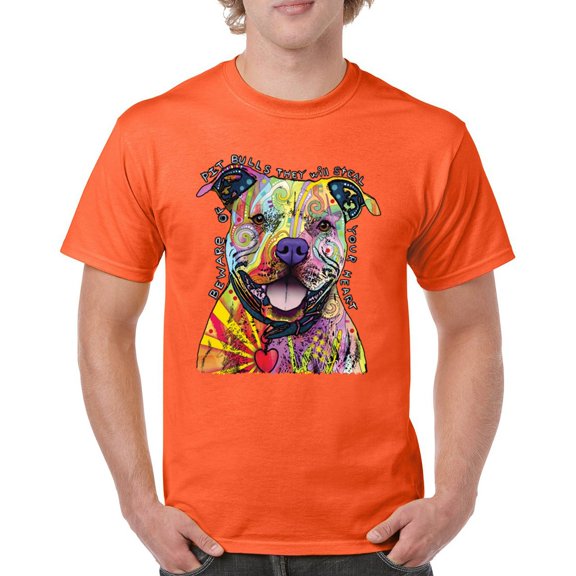 Tee Hunt Beware of Pit Bull T-Shirt Dean Russo Art Colorful Cute Dog Men's Tee, Orange, XX-Large