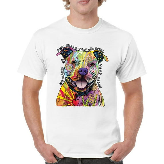 Tee Hunt Beware of Pit Bull T-Shirt Dean Russo Art Colorful Cute Dog Men's Tee, White, 3X-Large