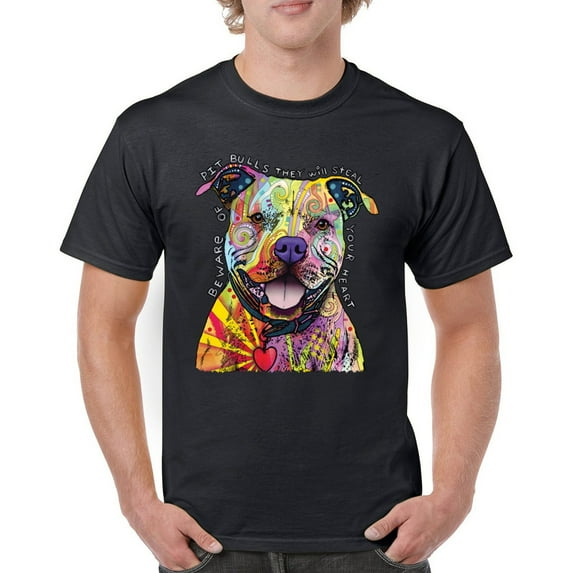 Tee Hunt Beware of Pit Bull T-Shirt Dean Russo Art Colorful Cute Dog Men's Tee