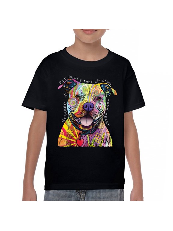 Beware of Pit Bull Youth T-Shirt Dean Russo Art Colorful Cute Dog Kids