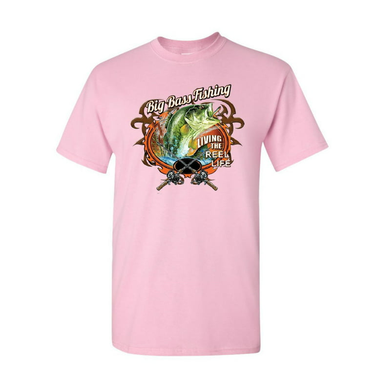Tee Hunt Big Bass Fishing T-Shirt Living The Reel Life Fisherman Spinning  Mens Shirt, Light Pink, Large 