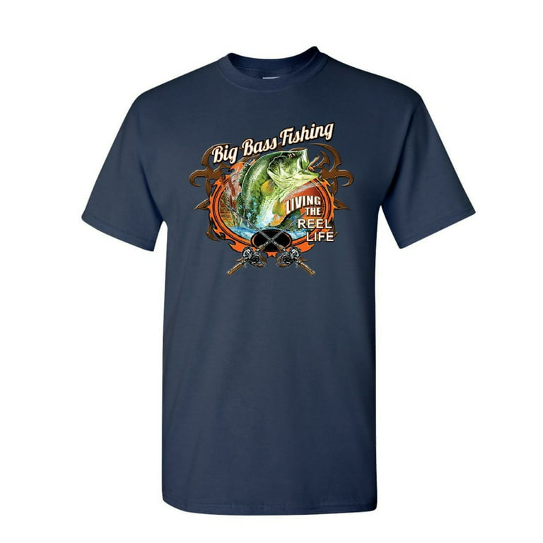 Tee Hunt Big Bass Fishing T-Shirt Living The Reel Life Fisherman Spinning Mens  Shirt, Navy Blue, 4X-Large 