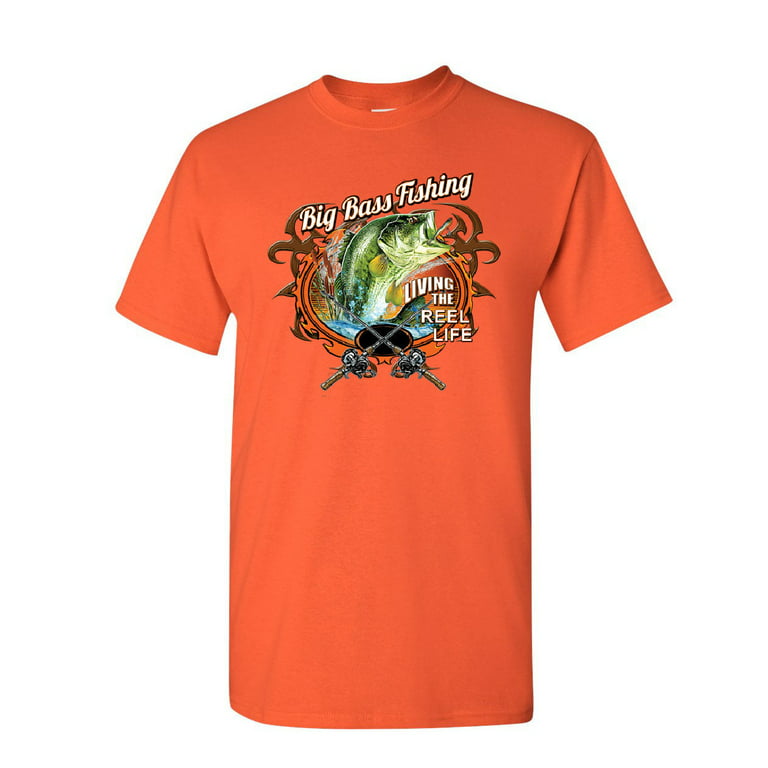 Tee Hunt Big Bass Fishing T-Shirt Living The Reel Life Fisherman Spinning Mens Shirt, Orange, 4X-Large, Men's, Size: 4XL
