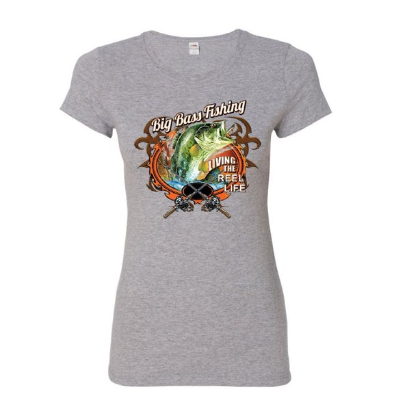 Tee Hunt Big Bass Fishing Women's T-Shirt Living The Reel Life Fisherman Spinning Shirt, Gray, 3X-Large