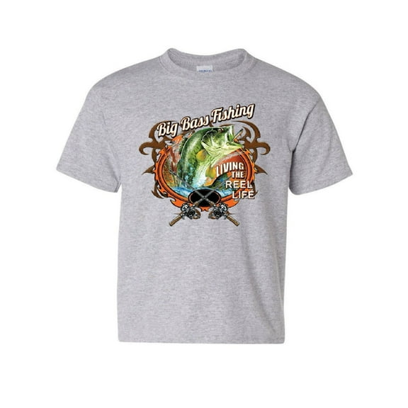 Tee Hunt Big Bass Fishing Youth T-Shirt Living The Reel Life Fisherman Spinning Kids Tee, Gray, Medium