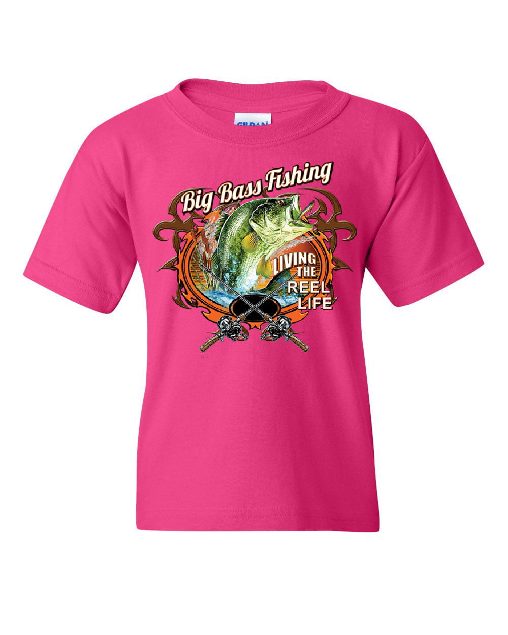 Tee Hunt Big Bass Fishing Youth T-Shirt Living The Reel Life Fisherman  Spinning Kids Tee, Pink, Small 