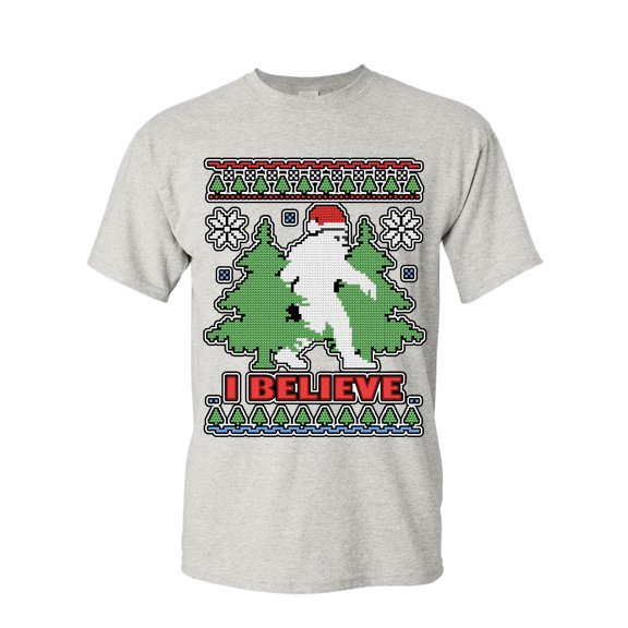 Tee Hunt Bigfoot Ugly Sweatshirt T-Shirt Funny Christmas Yeti I Believe Mens Shirt, Ash Gray, Medium