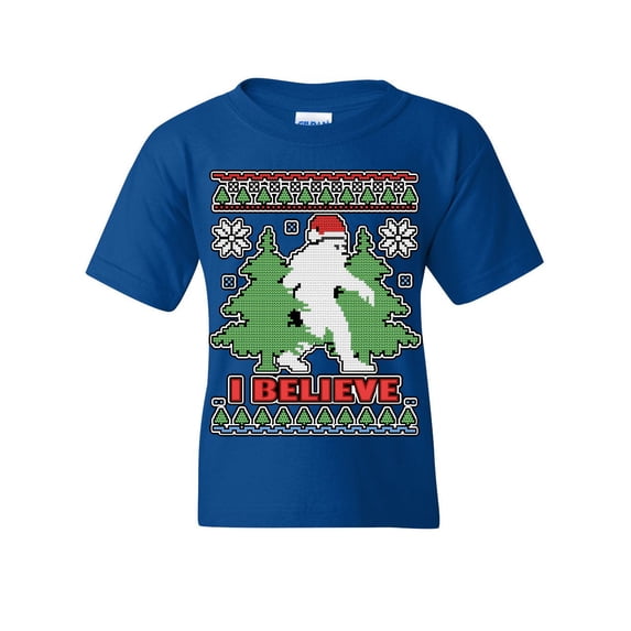 Tee Hunt Bigfoot Ugly Sweatshirt Youth T-Shirt Funny Christmas Yeti I Believe Kids Tee, Blue, X-Large