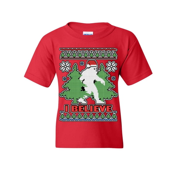 Tee Hunt Bigfoot Ugly Sweatshirt Youth T-Shirt Funny Christmas Yeti I Believe Kids Tee, Red, Small