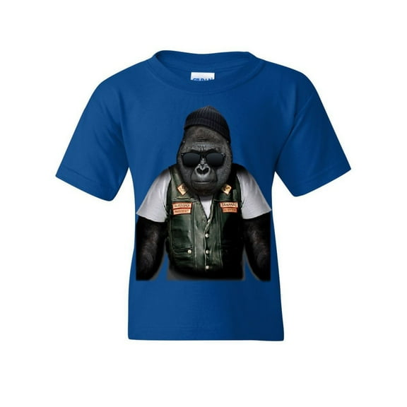 Tee Hunt Biker Ape Youth T-Shirt Gorilla Motorcycle Route 66 Chopper Bobber Kids Tee, Blue, Large