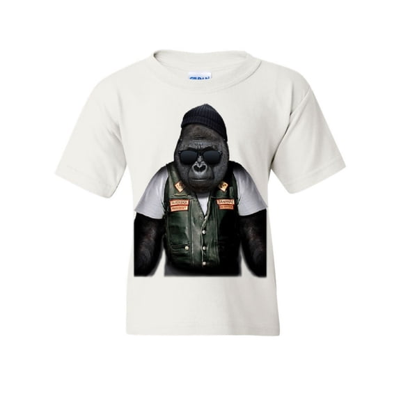 Tee Hunt Biker Ape Youth T-Shirt Gorilla Motorcycle Route 66 Chopper Bobber Kids Tee, White, Medium