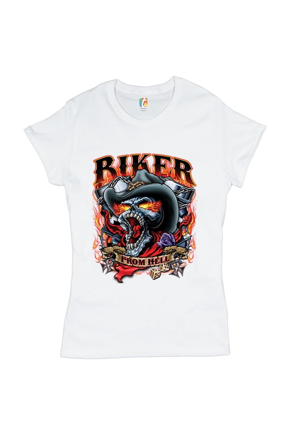 Biker From Hell T-Shrit Ride or Die Skeleton Outlaw Route 66 Women's T-Shirt Tee, White, Small