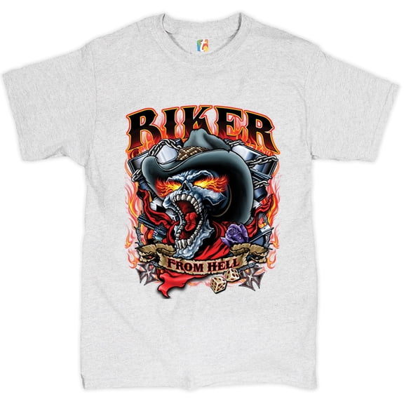 Tee Hunt Biker From Hell T-shirt Ride or Die Skeleton Outlaw Route 66 Men's Tee, Ash Gray, Medium