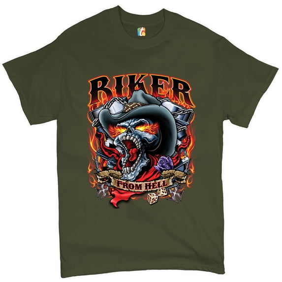 Tee Hunt Biker From Hell T-shirt Ride or Die Skeleton Outlaw Route 66 Men's Tee, Military Green, 4X-Large