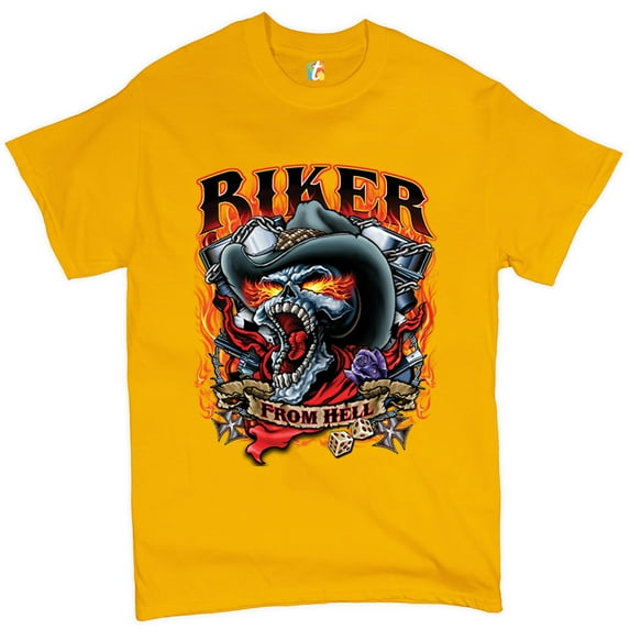 Tee Hunt Biker From Hell T-shirt Ride or Die Skeleton Outlaw Route 66 Men's Tee, Yellow, Medium