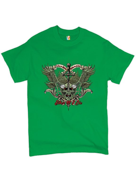 Biker Til I Die T-shirt Live to Ride Biker Forever Skull Face Men's Tee, Green, Medium
