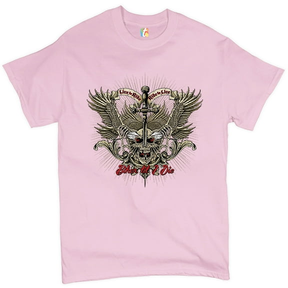 Tee Hunt Biker Til I Die T-shirt Live to Ride Biker Forever Skull Face Men's Tee, Light Pink, X-Large