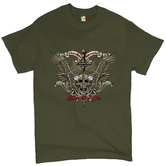 Tee Hunt Biker Til I Die T-shirt Live to Ride Biker Forever Skull Face Men's Tee, Military Green, Small