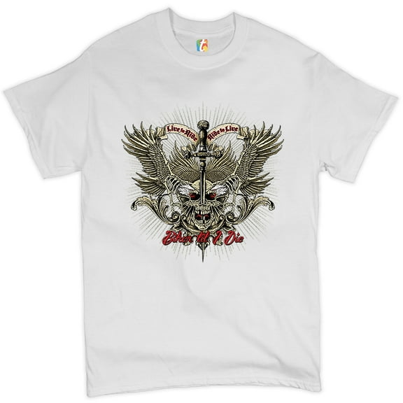 Tee Hunt Biker Til I Die T-shirt Live to Ride Biker Forever Skull Face Men's Tee, White, Small